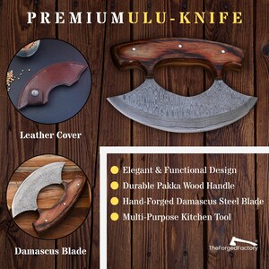 Handmade Damascus Steel ULU Knife, Kitchen Pizza Cutter and Chef Slicer, Wood Handle, Gift for Him, Birthday Anniversary Mothers Day Gift image 6