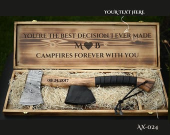 Personalized Axe Gift with Engraved Box for Couple, Damascus Steel Viking Hatchet, Anniversary Wedding Engagement Groomsmen Proposal Gift