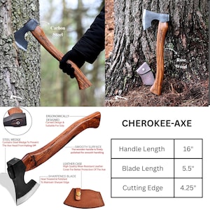 May include: Axe with a rosewood handle and carbon steel blade. The handle is 16 inches long, the blade is 5.5 inches, and the cutting edge is 4.25 inches. The axe has a leather case for protection and is labeled "CHEROKEE-AXE".