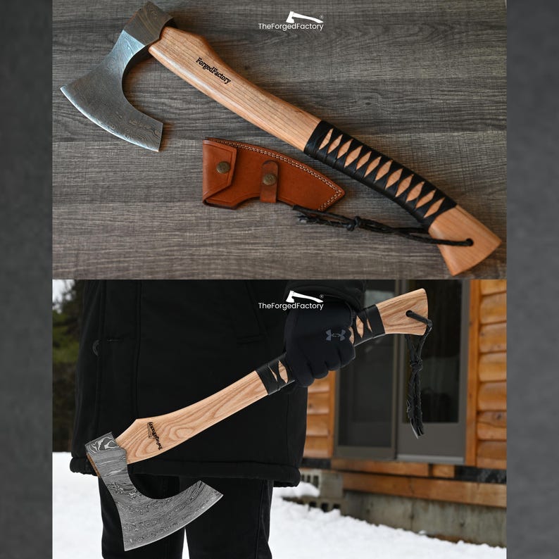 May include: A hand axe with a patterned Damascus steel blade and a light wood handle featuring a black leather wrap in a crisscross pattern. The axe includes a tan leather sheath with two metal snaps and the text TheForgedFactory on the handle.
