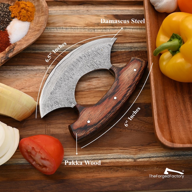 Handmade Damascus Steel ULU Knife, Kitchen Pizza Cutter and Chef Slicer, Wood Handle, Gift for Him, Birthday Anniversary Mothers Day Gift image 5