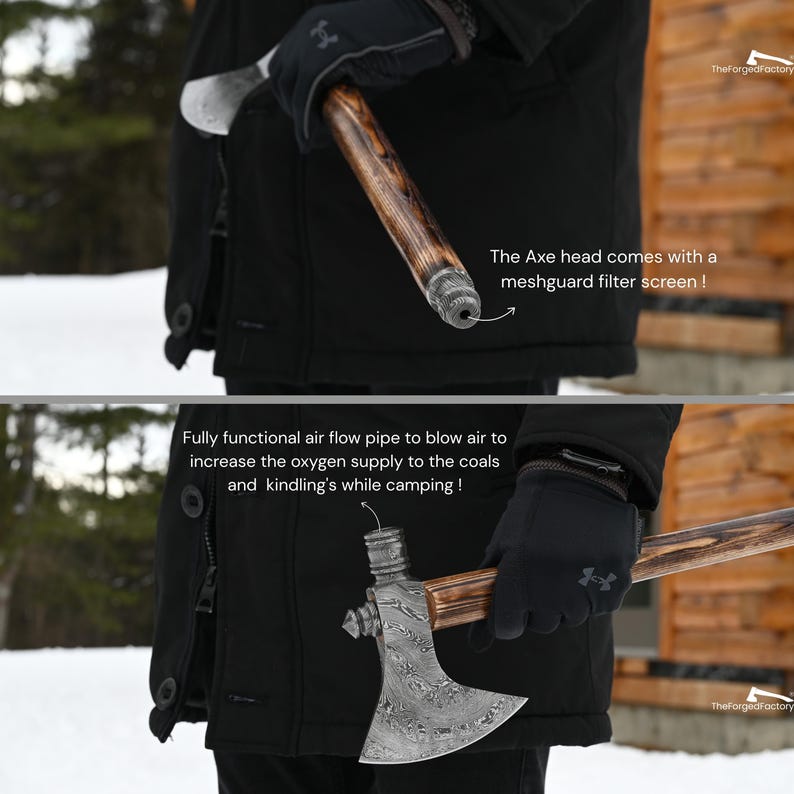 Hand Forged Damascus Steel Tobacciana Axe with Smoking Pipe Handle, Camping & Outdoor Hatchet, Gift for Him on Christmas and New Year image 3