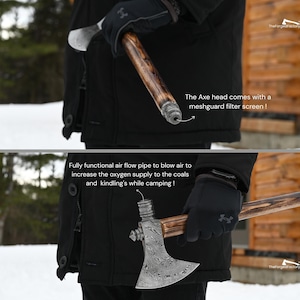 May include: Axe with a patterned steel head and a wooden handle. The axe head has a meshguard filter screen. The handle is held by a person wearing black gloves. The text says, "Fully functional air flow pipe to blow air to increase the oxygen supply to the coals and kindling's while camping!"