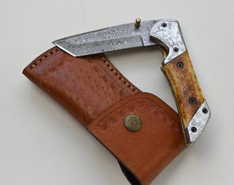 Handforged Damascus Steel 7.5-Inch Folding Pocket Knife for Camping and Outdoors, Gift for him on Anniversary.
