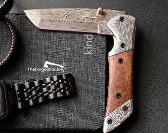 Handmade 7.5 inch Folding Pocket Knife, Damascus Steel, Walnut Handle, Leather Sheath,  Gift for Him Boyfriend, Anniversary Birthday Gift