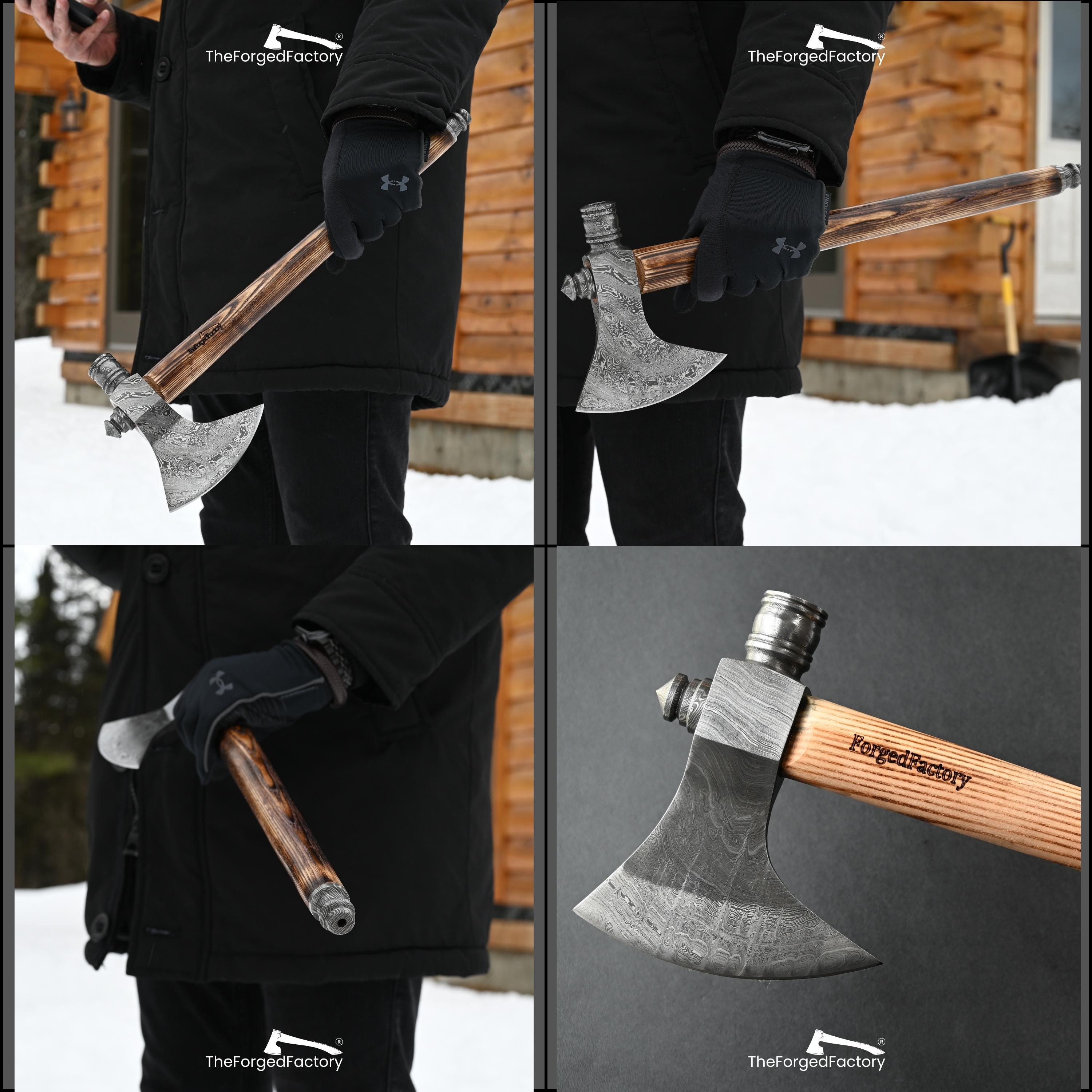 Hache Tomahawk en acier damas faite main, manche en bois de