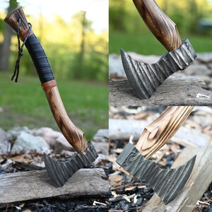 Damascus Viking Hatchet, Hand Forged Bearded Outdoor Camping Axe with Leather Sheath, Gift for Him on Anniversary, Christmas and New Year image 11