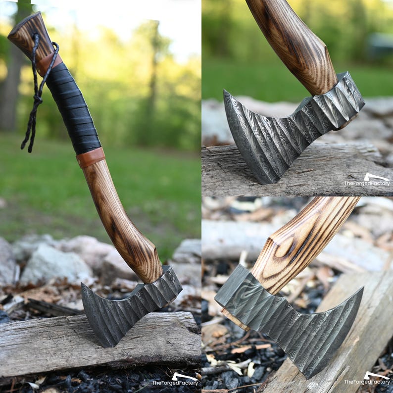 Damascus Viking Hatchet, Hand Forged Bearded Outdoor Camping Axe with Leather Sheath, Gift for Him on Anniversary, Christmas and New Year image 11