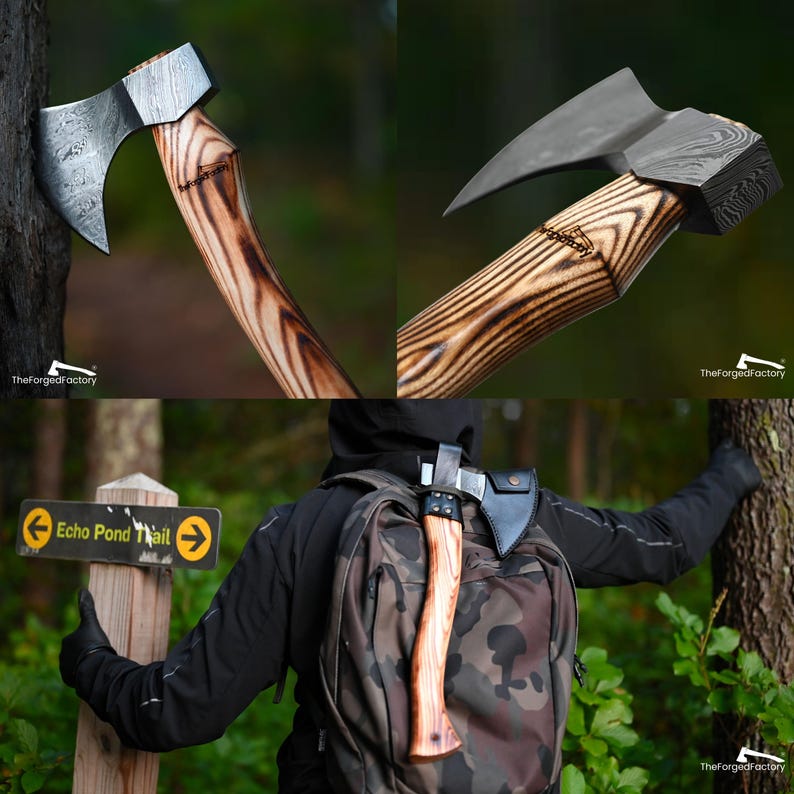 May include: Axe with a patterned steel head and a wooden handle. The handle has a light brown and dark brown wood grain pattern. The axe is shown in multiple views, including one with a person wearing a backpack.