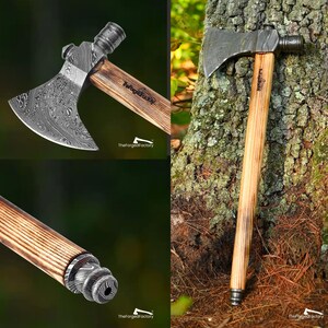 Hand Forged Damascus Steel Tobacciana Axe with Smoking Pipe Handle, Camping & Outdoor Hatchet, Gift for Him on Christmas and New Year image 11