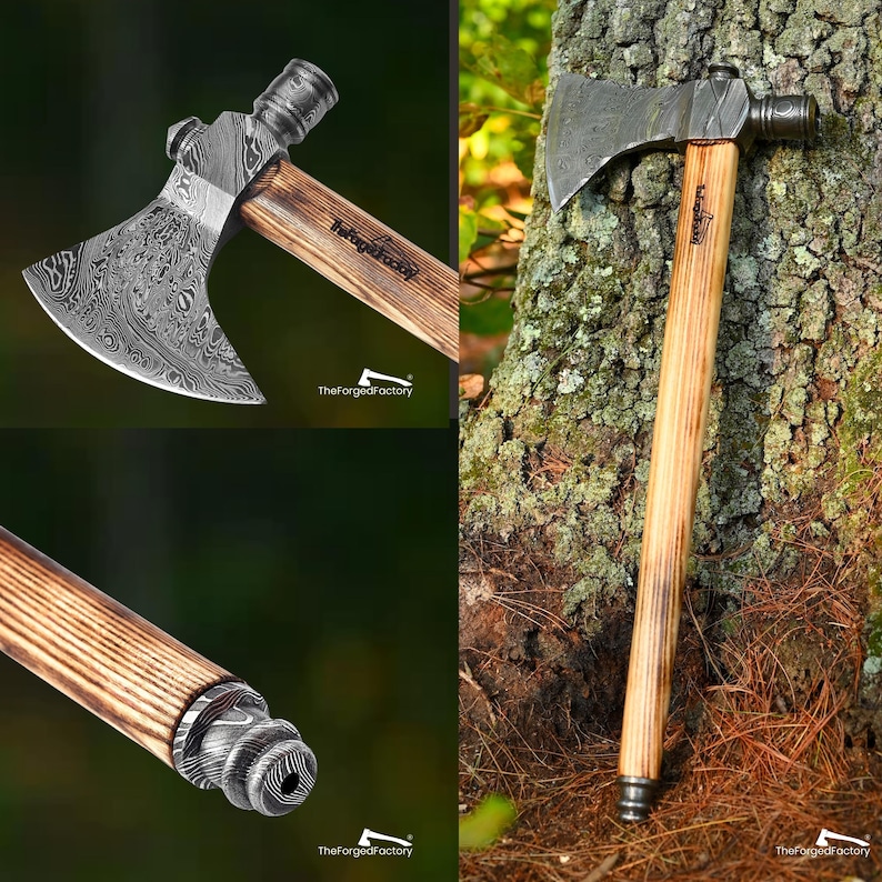 Hand Forged Damascus Steel Tobacciana Axe with Smoking Pipe Handle, Camping & Outdoor Hatchet, Gift for Him on Christmas and New Year image 11