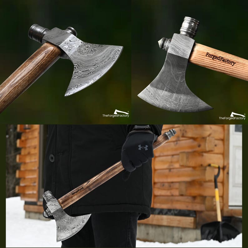 Hand Forged Damascus Steel Tobacciana Axe with Smoking Pipe Handle, Camping & Outdoor Hatchet, Gift for Him on Christmas and New Year image 4