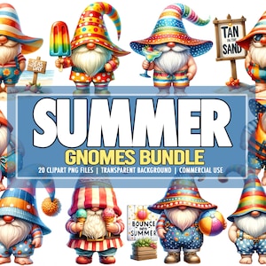 Acuarela Primavera Verano Gnomos PNG Clipart Paquete de 20, Lindo Gnomo descargable al aire libre PNG Clipart Paquete de gráficos- Uso comercial