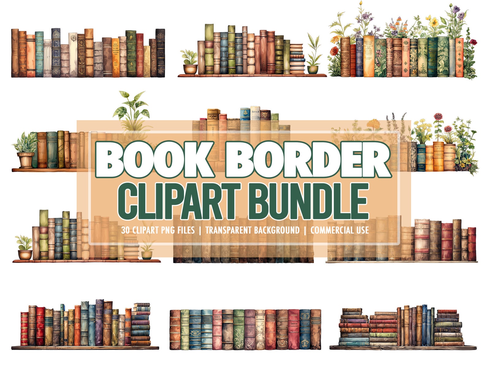 Watercolor Book Border Png-clipart Bundle of 30 - Vintage Book Clipart ...