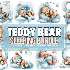 Aquarel blauwe teddybeer kwekerij PNG-clipart bundel van 20 - slapende babybeer, slapende beren, babybeer clipart - commercieel gebruik
