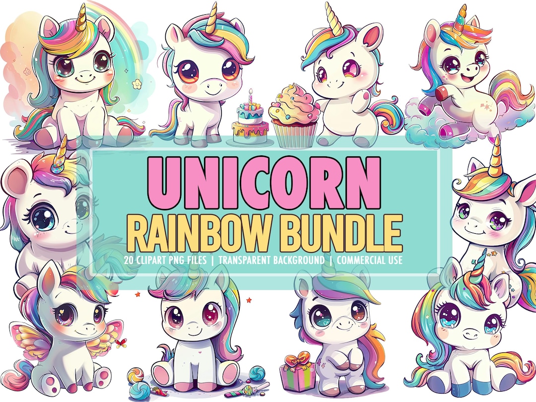Cute Baby Unicorn Rainbow PNG Clipart Bundle of 20, Cute Unicorn ...