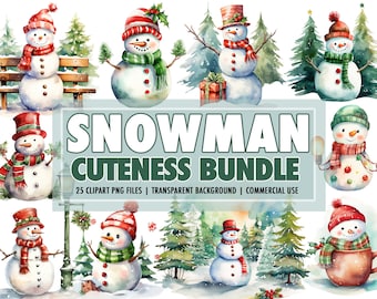 Watercolor Snowman Cuteness PNG-Clipart Bundle of 25 - Christmas Holiday Digital Download Clipart, Transparent Background - Commercial Use