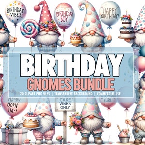 Aquarell alles Gute zum Geburtstag Zwerge PNG Clipart Bündel 20, niedliches herunterladbares Geschenk Zwerg PNG Clipart Grafiken Bündel - kommerzielle Nutzung