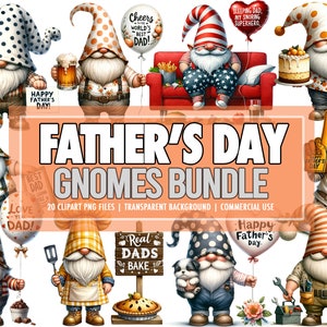 Aquarel Vaderdag kabouters PNG Clipart-bundel van 20, Gnome Cute Fathers Day downloadbare kabouter Clipart PNG-bundel - commercieel gebruik