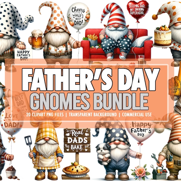 Watercolor Father's Day Gnomes PNG Clipart Bundle of 20, Gnome Cute Fathers Day Downloadable Gnome Clipart PNG Bundle - Commercial Use