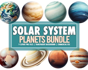 Watercolor Planets Solar System PNG Clipart Bundle of 9, Cute Planet Graphics, Realistic Planets Space Clipart PNG Bundle - Commercial Use
