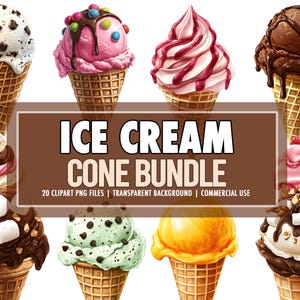 May include: A collection of colorful ice cream cones with various flavors, including chocolate, strawberry, and mint. The cones are in a variety of styles, with toppings like sprinkles, chocolate sauce, and marshmallows. The image includes the text "ICE CREAM CONE BUNDLE".
