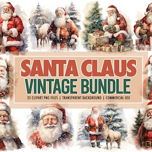 Pacchetto di 25 clipart PNG vintage di Babbo Natale ad acquerello - Clipart digitale natalizio da scaricare, sfondo trasparente - Uso commerciale