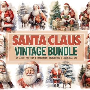 Watercolor Santa Claus Vintage PNG-Clipart Bundle of 25 - Christmas Digital Download Clipart, Transparent Background - Commercial Use