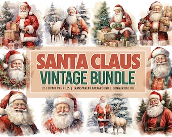Watercolor Santa Claus Vintage PNG-Clipart Bundle of 25 - Christmas Digital Download Clipart, Transparent Background - Commercial Use