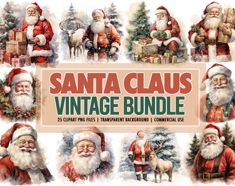 Watercolor Santa Claus Vintage PNG-Clipart Bundle of 25 - Christmas Digital Download Clipart, Transparent Background - Commercial Use