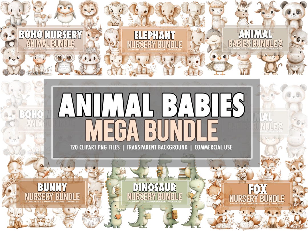 Baby Animal Nursery PNG Clipart Mega Bundle of 120, Animal Babies, Baby ...
