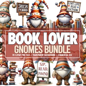 Acquerello Book Lover Gnomes PNG Clipart Bundle di 20, Cute Booklovers scaricabile Gnome PNG Clipart Graphics Bundle - Uso commerciale