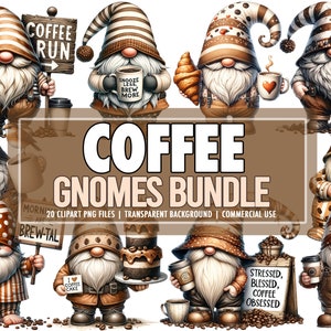 Paquete de 20 imágenes prediseñadas de gnomos amantes del café en acuarela, gnomos lindos, gnomos - Uso comercial