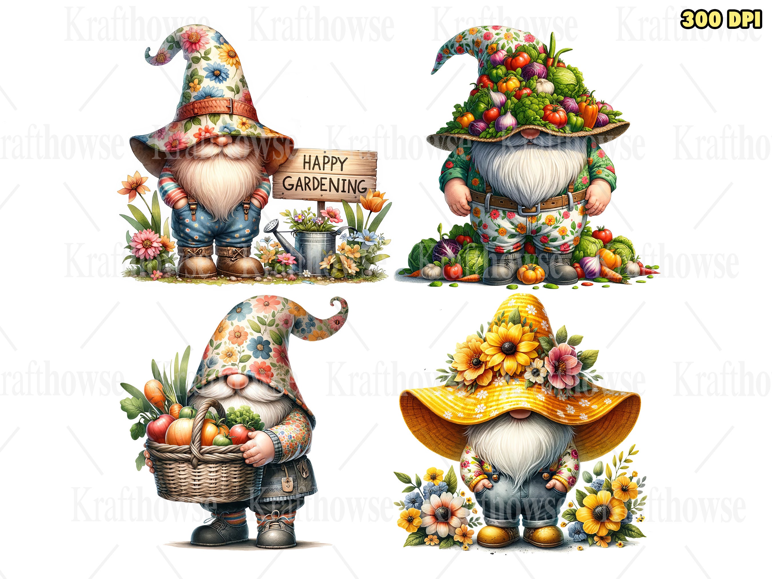 Watercolor Spring Garden Outdoor Gnomes PNG Clipart Bundle of 20, Cute ...