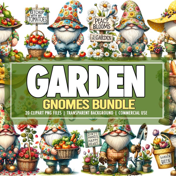 Watercolor Spring Garden Outdoor Gnomes PNG Clipart Bundle of 20, Cute Downloadable Gnome PNG Clipart Graphics Bundle - Commercial Use