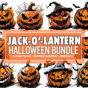 Pode incluir: Um conjunto de 20 imagens clipart de abóboras jack-o'-lantern em várias poses e expressões. As abóboras são laranja e têm olhos, narizes e bocas pretas. Algumas abóboras usam chapéus ou têm teias de aranha sobre elas. O texto "JACK-O'-LANTERN HALLOWEEN BUNDLE" é exibido em uma faixa na parte superior da imagem.