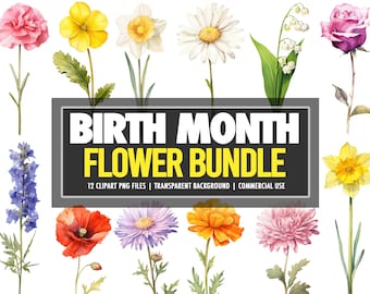 Watercolor Birth Month Flowers PNG Clipart Bundle of 12 - DIY Birthmonth Flower Clipart, Transparent Background - Commercial Use