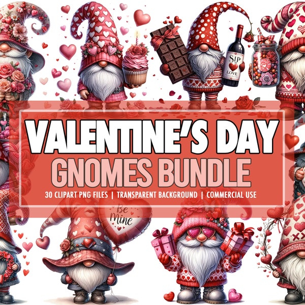 Watercolor Valentines Day PNG Festive Gnomes Clipart Bundle of 30, Cute Gnomes Valentines Day Fantasy Clipart PNG Bundle - Commercial Use
