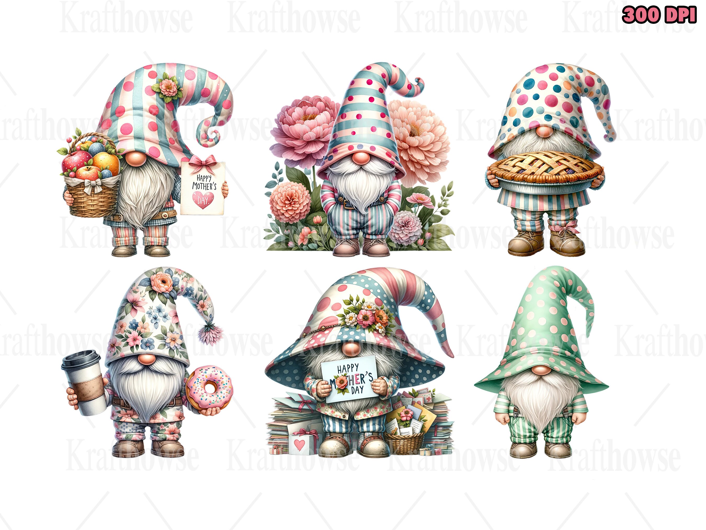 Watercolor Mothers Day Gnomes PNG Clipart Bundle of 30, Gnome Cute ...