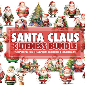 Watercolor Santa Claus Cuteness PNG-Clipart Bundle of 25 - Christmas Holiday Digital Download, Transparent Background - Commercial Use