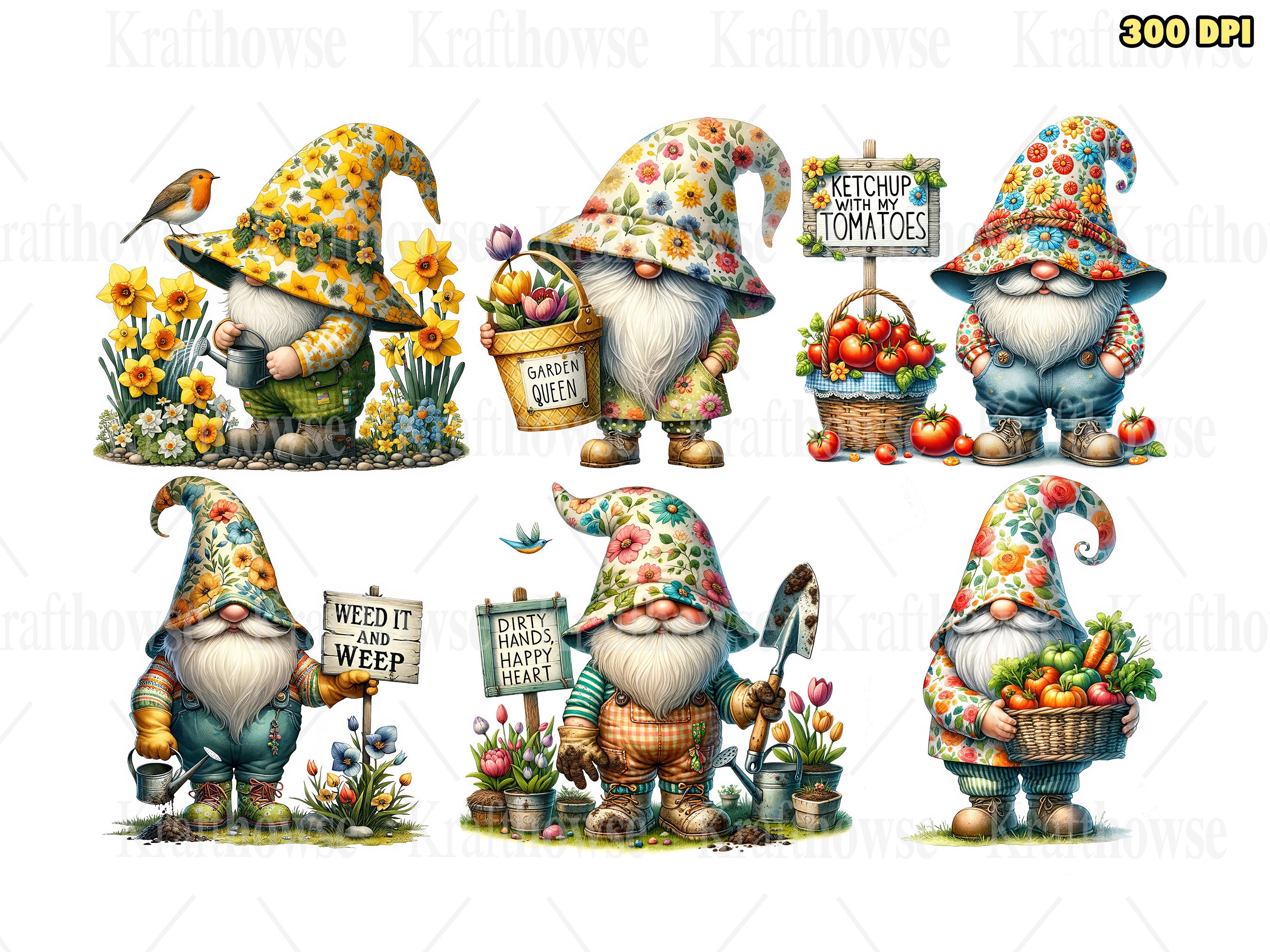 Watercolor Spring Garden Outdoor Gnomes PNG Clipart Bundle of 20, Cute ...