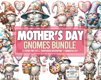 Watercolor Mothers Day Gnomes PNG Clipart Bundle of 30, Gnome Cute Mothers Day Downloadable Gnome Clipart PNG Bundle - Commercial Use