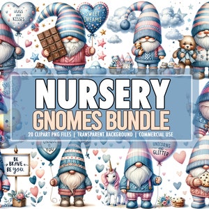 May include: A set of 20 digital clipart images featuring cute gnomes in various poses and holding different objects. The gnomes are dressed in pink and blue sweaters with white stripes and have white beards. They are holding items such as hearts, balloons, teddy bears, chocolate bars, cookies, and a unicorn. The background is transparent.
