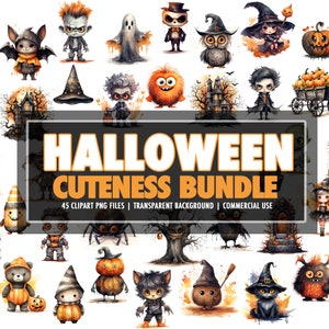 Watercolor Halloween Cuteness PNG-Clipart Bundle of 45 - Halloween Holiday Digital Download, Transparent Background - Commercial Use
