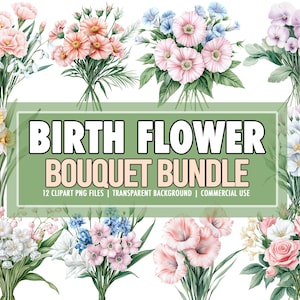 Bouquet de fleurs de naissance PNG Clipart Bundle of 12 - bricolage fleurs mois de naissance PNG Clipart, clipart bouquet de fleurs mois de naissance - usage Commercial