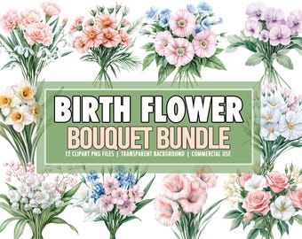 Geboorte bloemboeket PNG Clipart bundel van 12 - DIY geboortemaand bloemen PNG Clipart, geboortemaand bloem boeket Clipart-commercieel gebruik
