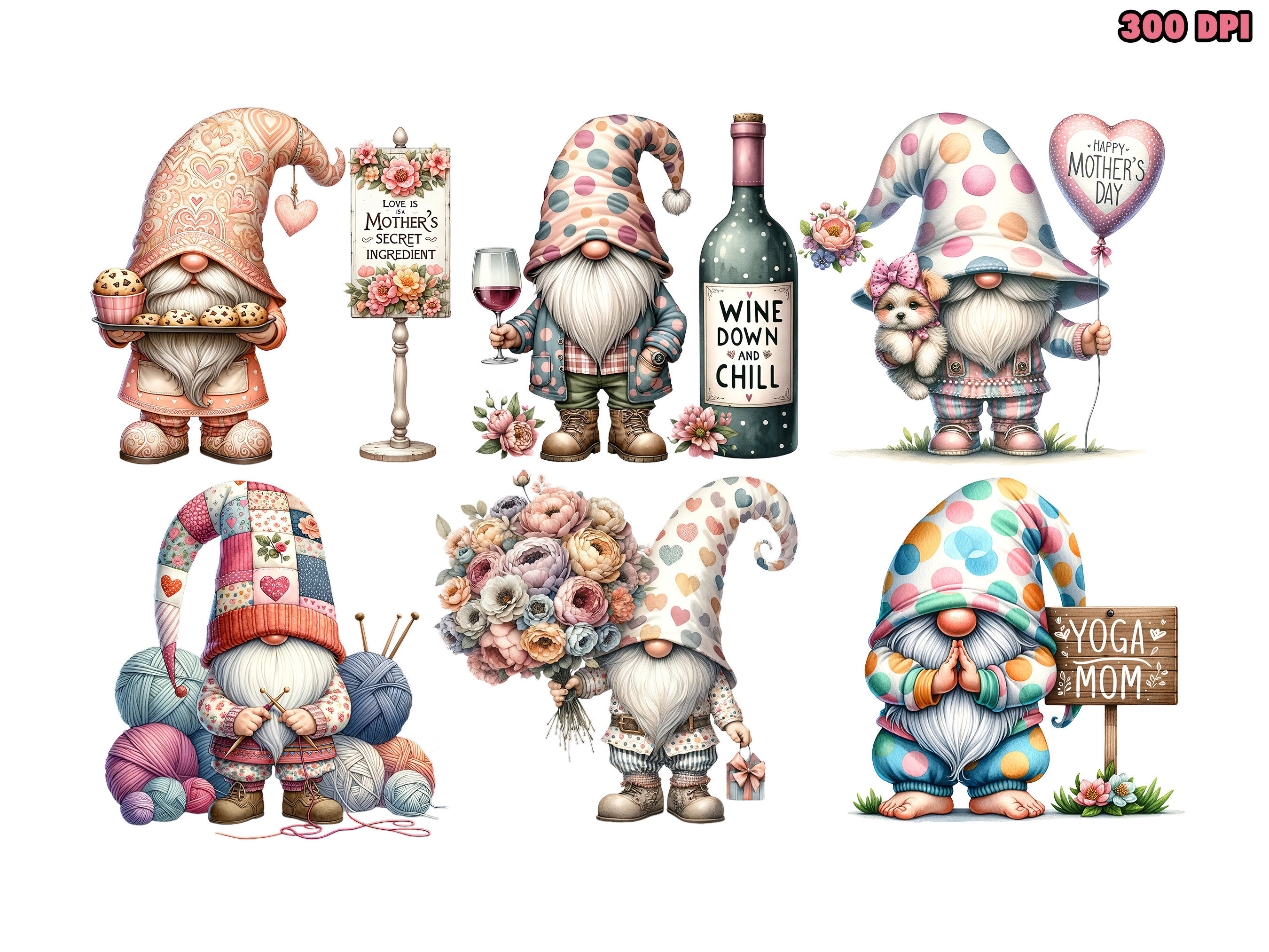 Watercolor Mothers Day Gnomes PNG Clipart Bundle of 30, Gnome Cute ...