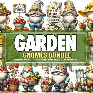 Aquarell Frühlingsgarten Outdoor Gnome PNG Clipart Bundle mit 20, niedlichen herunterladbaren Gnome PNG Clipart Grafiken im Bundle - Kommerzielle Nutzung