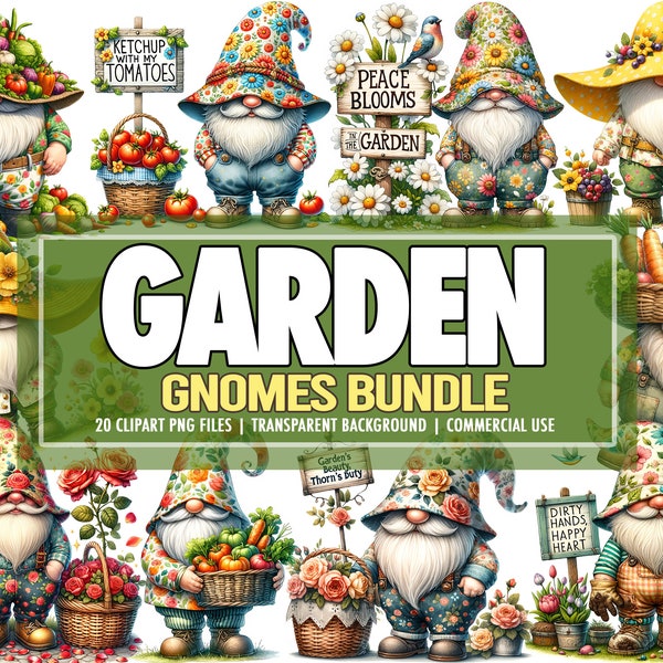 Watercolor Spring Garden Outdoor Gnomes PNG Clipart Bundle of 20, Cute Downloadable Gnome PNG Clipart Graphics Bundle - Commercial Use