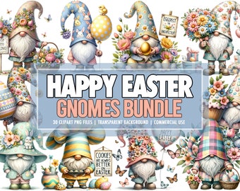 Watercolor Easter Gnomes PNG Clipart Bundle of 30, Cute Spring Flower Easter Gnome Clipart Bundle PNG Collection - Commercial Use